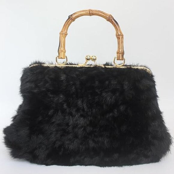 Neiman Marcus Black Curly Rabbit Fur Bamboo-Style Handle and Gold Kisslock Bag